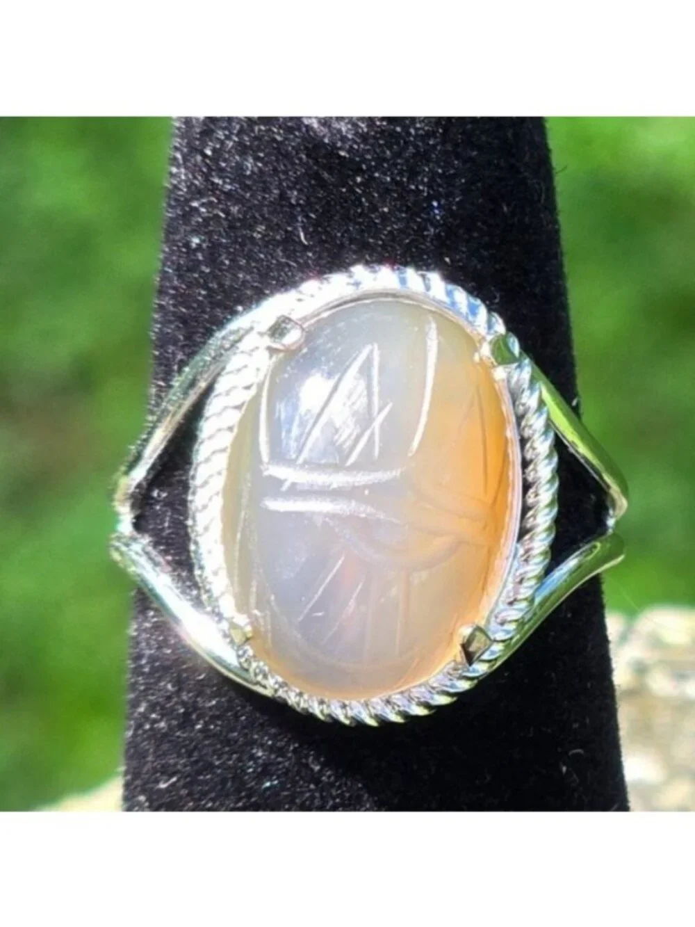 MCM Burt Cassell Scarab beetle ring stone 12K White GF Egyptian revival VTG 5.5